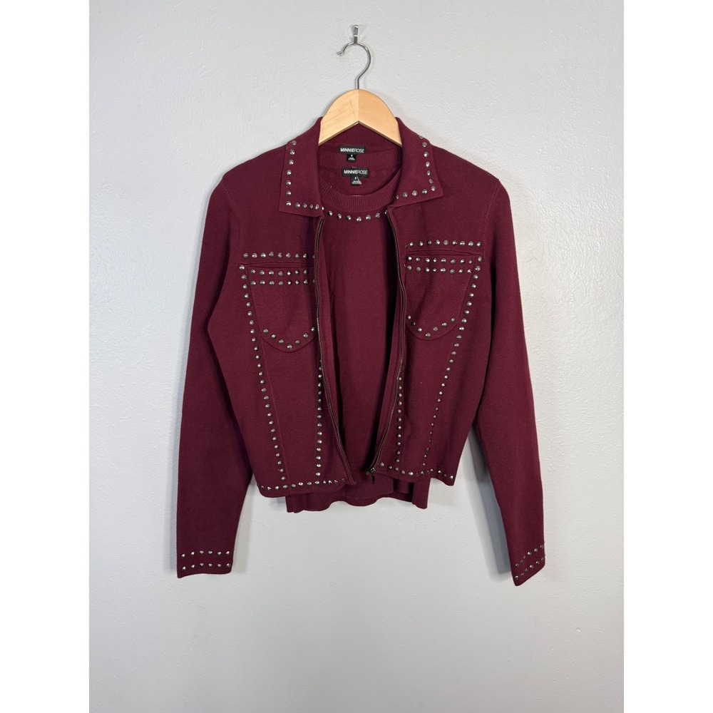 Minnie Rose Viscose Blend Collared Zip Jacket and tank‎ with Studs Bordeux Small
